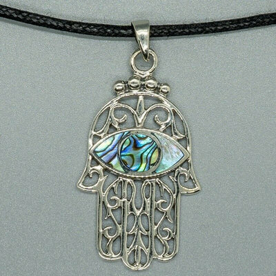 Hamsa Hand Paua Shell Abalone Pendant .925 Silver Fatima Luck Yoga Buddha Eye