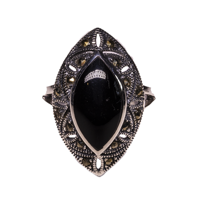 Onyx & Marcasite Style Ring .925 sterling silver