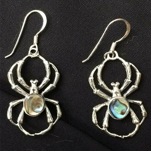 Spider abalone paua shell earring 925 sterling silver arachnid tarantula gothic