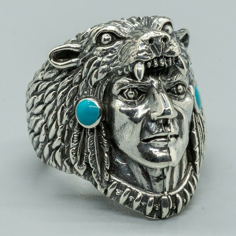 Turquoise Bear Navajo Influenced Indian Chief Cougar Exeter Chiefs silver Ring