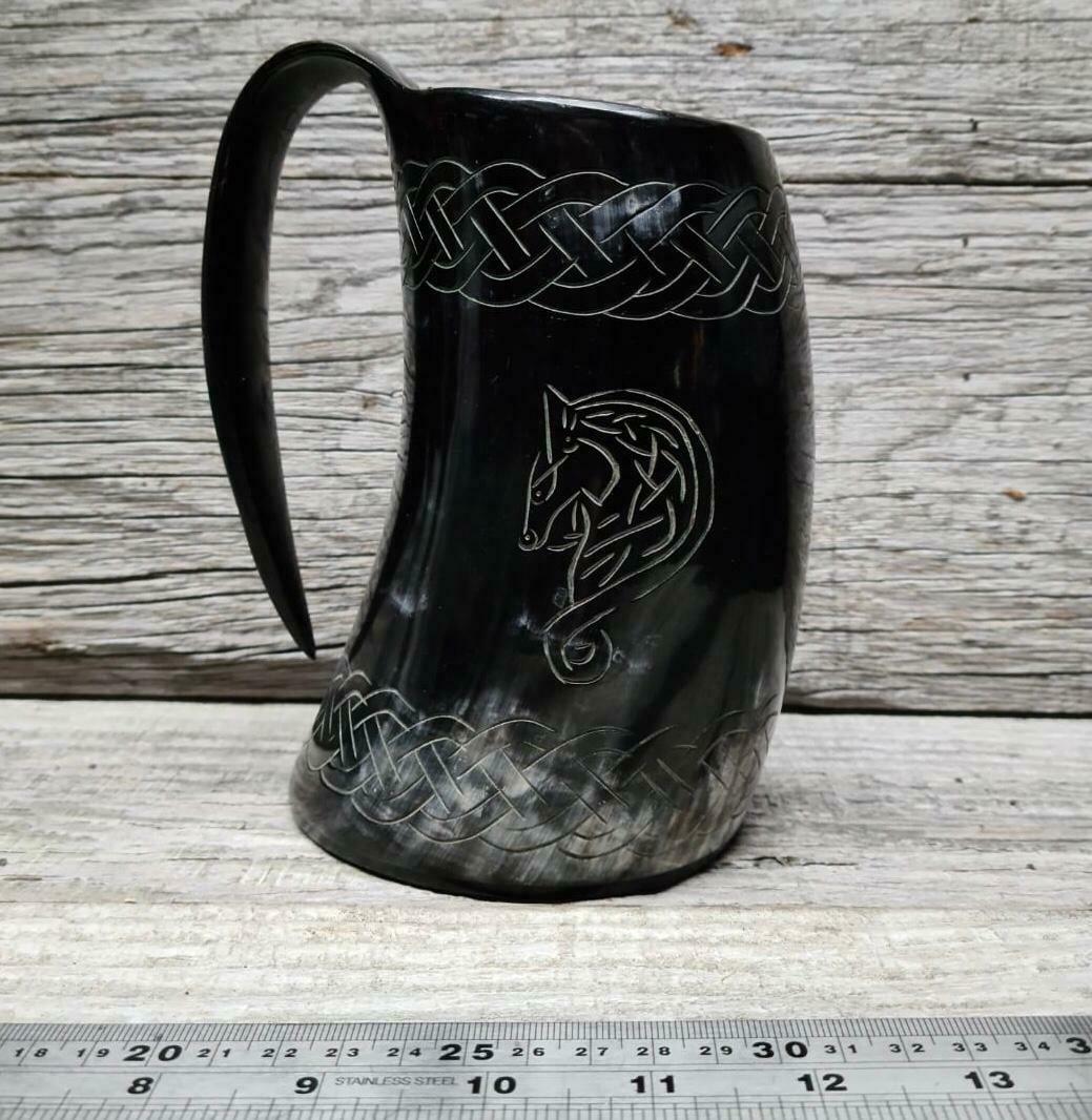 Carved Buffalo Drinking Tankard - Celtic Horse