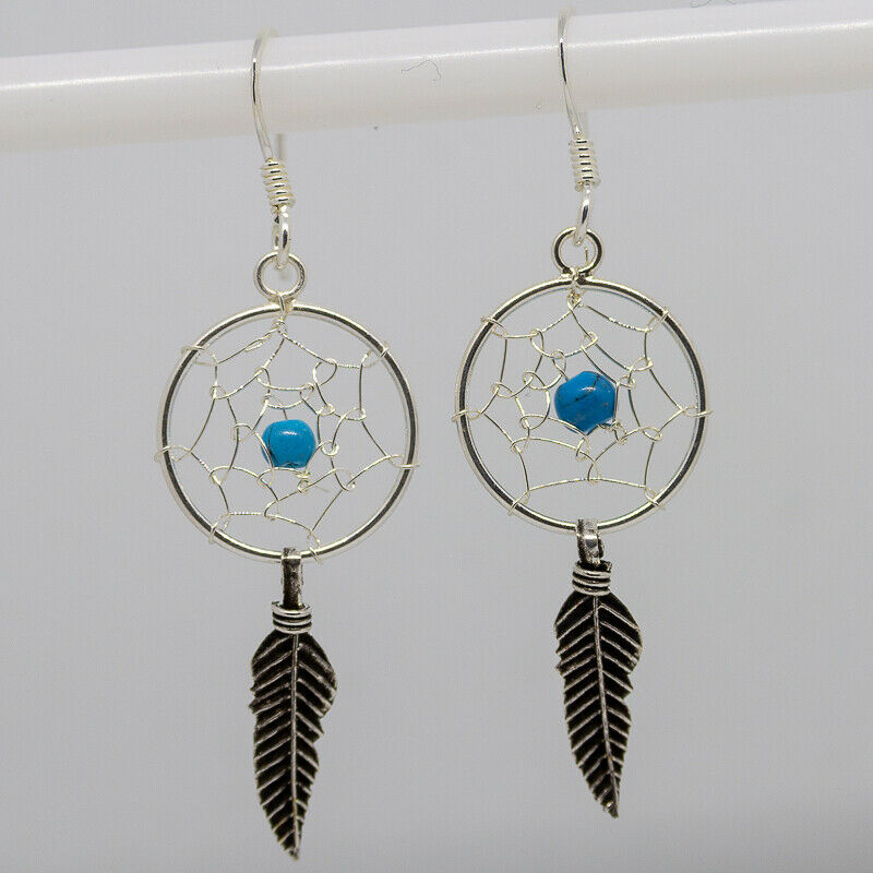 Dreamcatcher turquoise Feather earring 925 silver dangle hook boho feeanddave