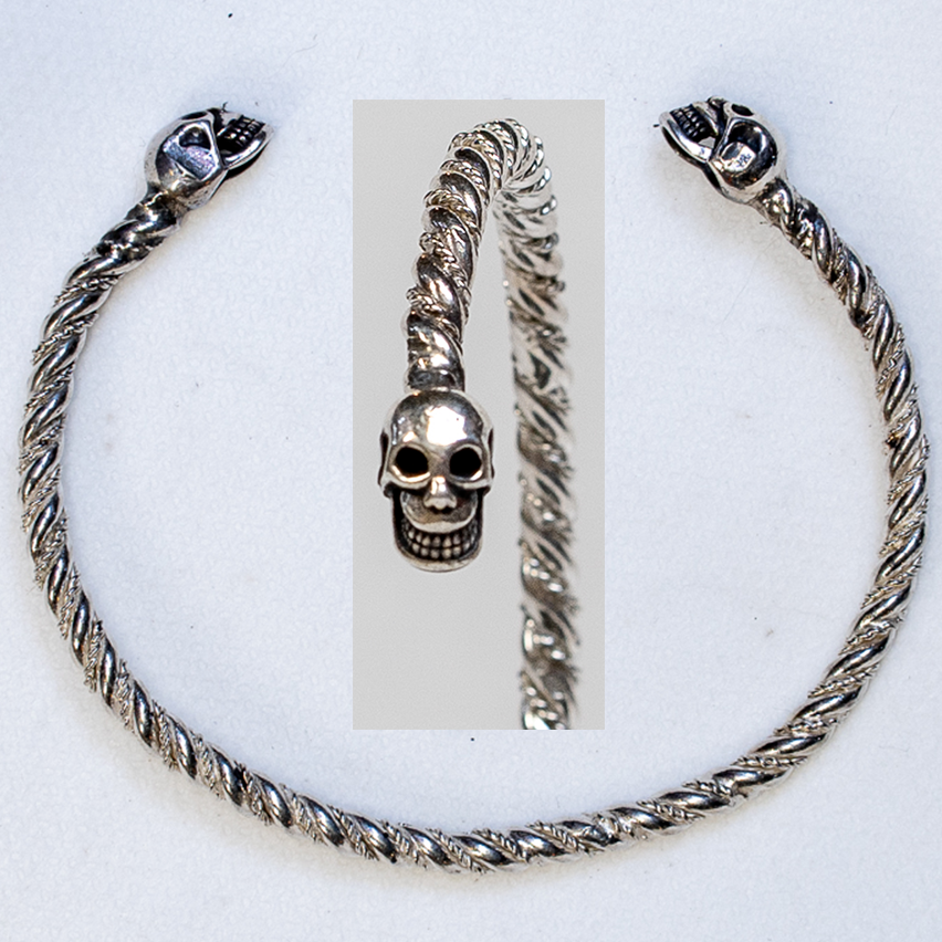 Skull 925 silver torc bangle bracelet biker viking gothic Thor Odin feeanddave