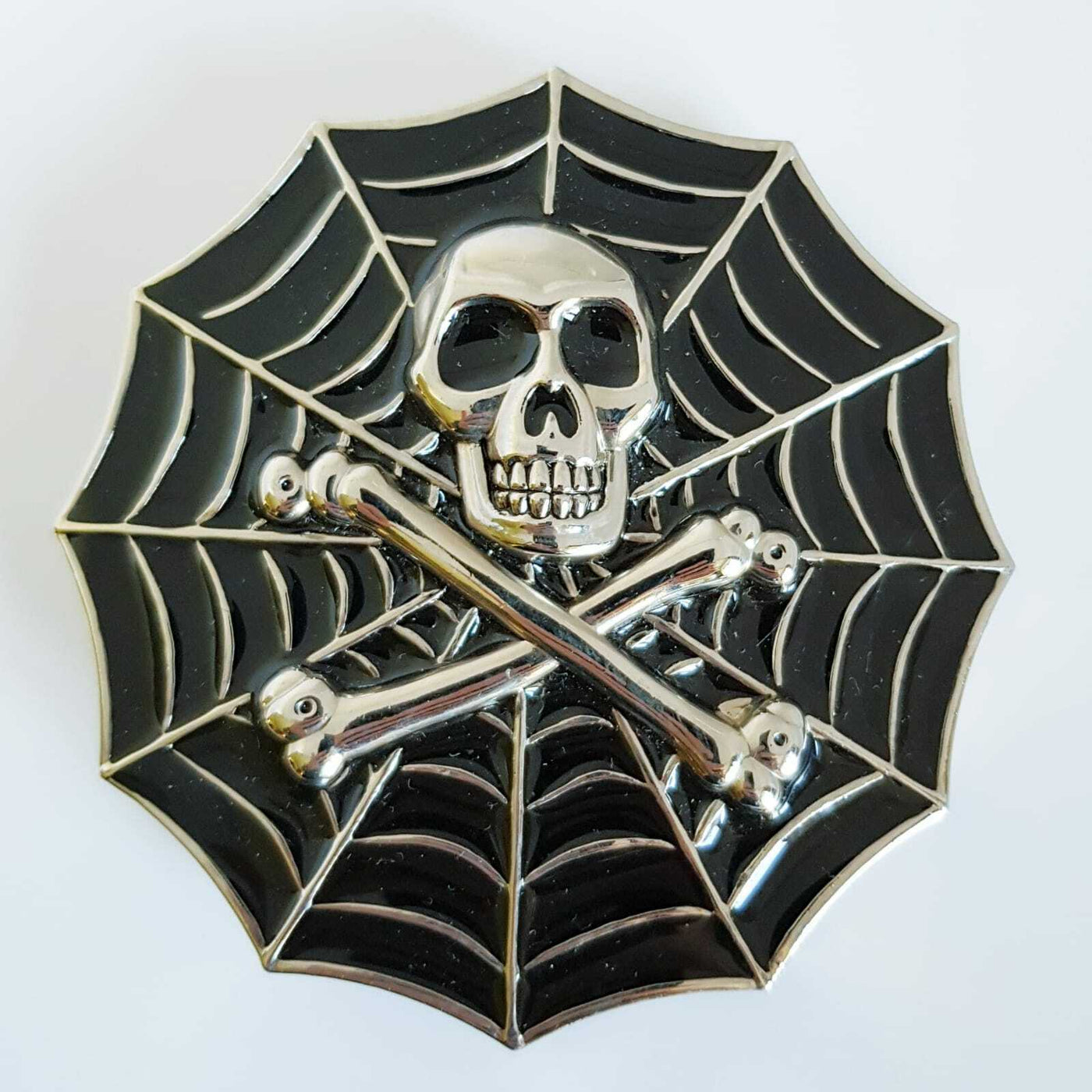 Skull And Crossbones Spider Web Belt Buckle Gothic Biker chrome feeanddave