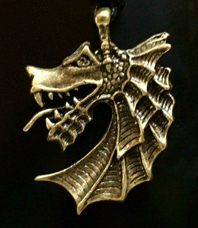 Dragon Head Skull Bronzed Pewter Pendant Biker adjustable necklace on cord