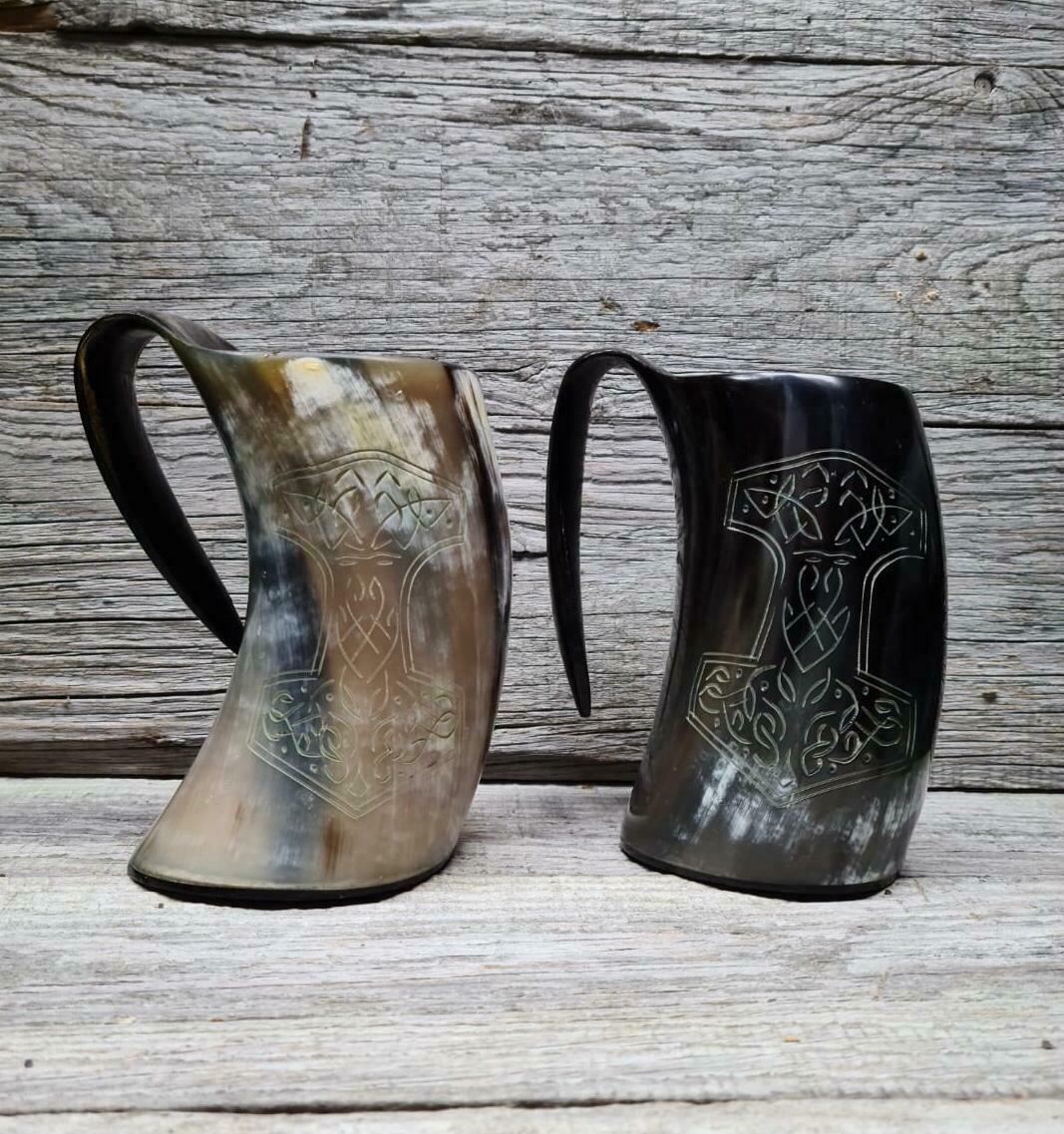 Ox Buffalo Zebu Drinking Horn Mug Tankard Viking Mjolnir Thor Odin Celtic Mead