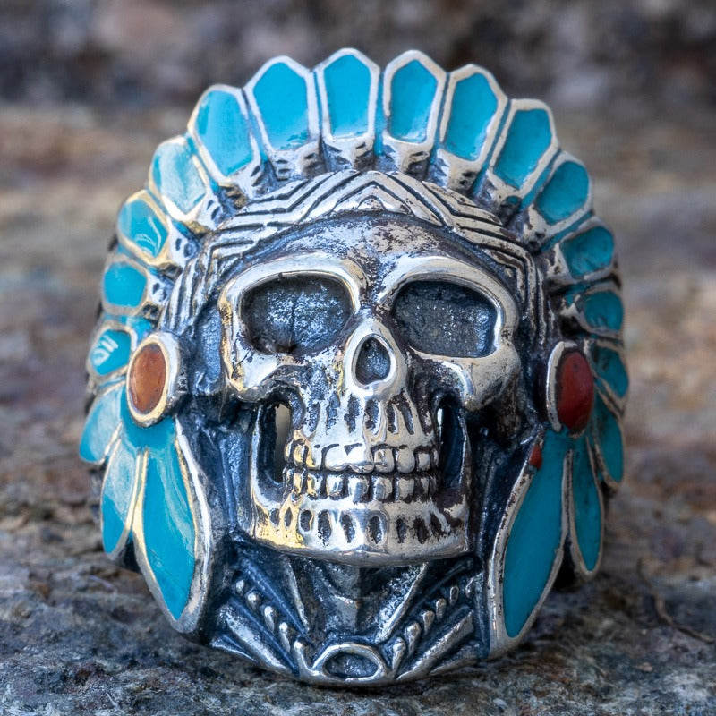 Native Red Indian Chief Skull 925 sterling silver Ring